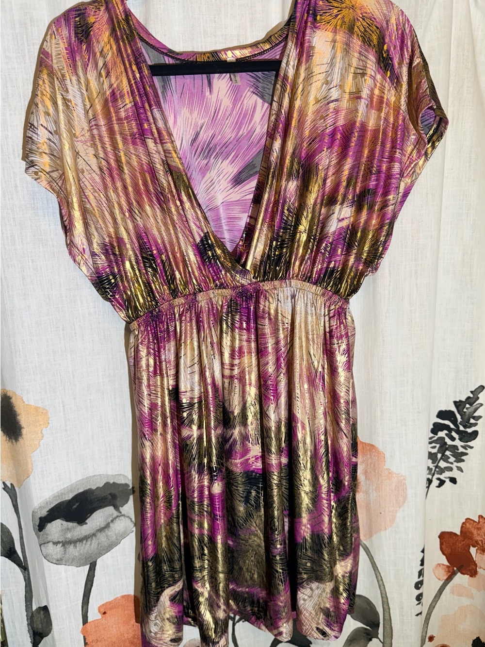 Plus-Size V-Neck Metallic Mini Dress in Purple Multi - Picture 2 of 6